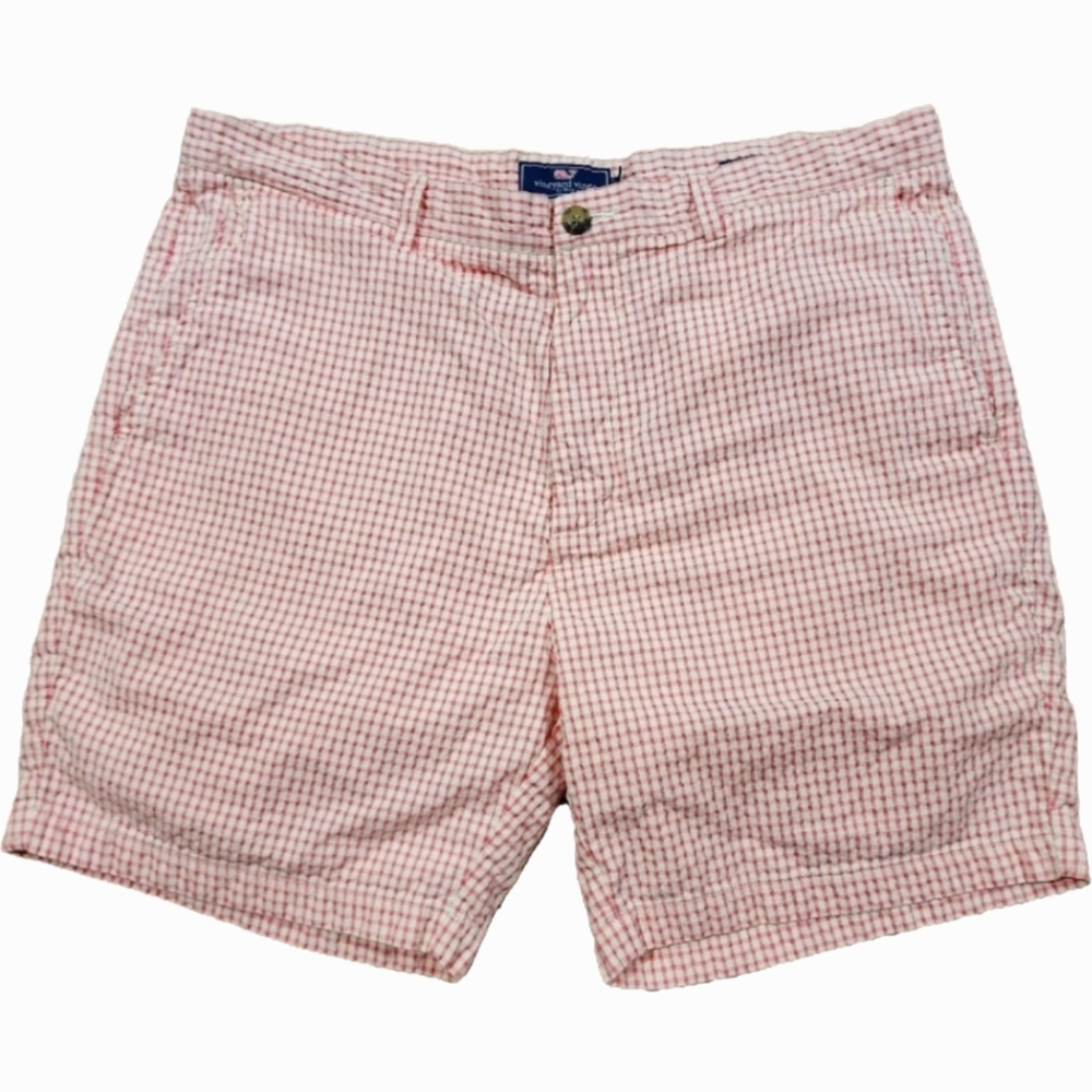 Vineyard Vines Pink and White Preppy Gingham Style Seersucker Breaker Shorts. 38